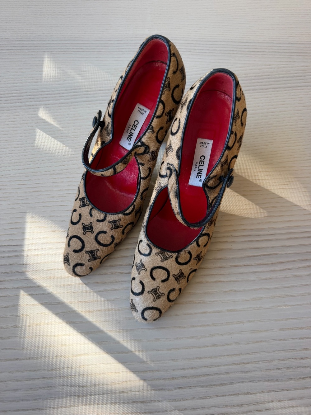VINTAGE Celine Paris Triomphe Monogram Calf Hair Mary Jane Heels Pumps 35